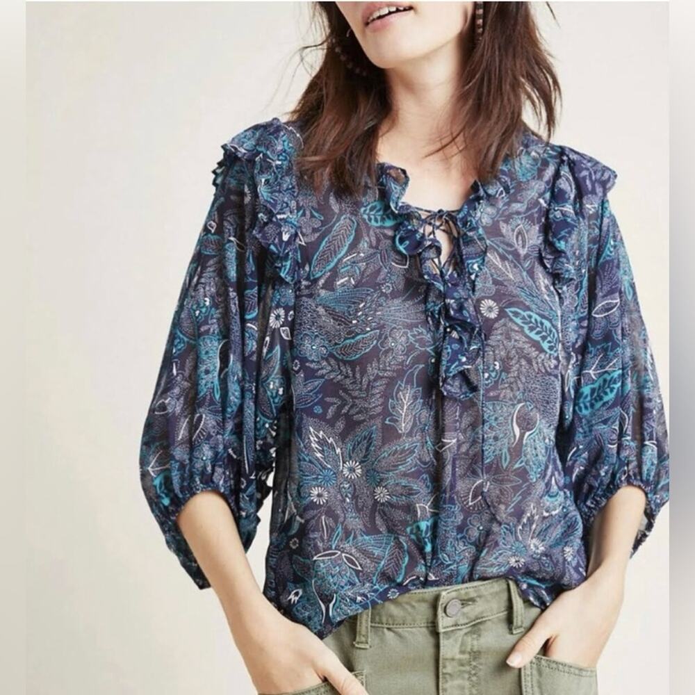 Anthropologie Haida Sheer Lace Up Boho Floral Flowy Ruffle Top Size M